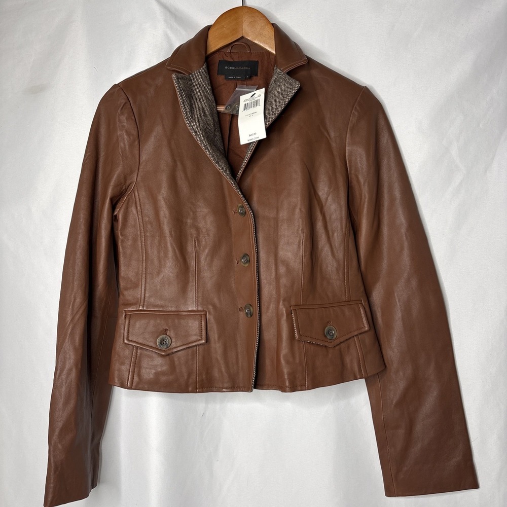 Y2K BCBG Max Azria S 100% Leather Blazer Jacket Carob Brown MSRP $442 Tweed NEW